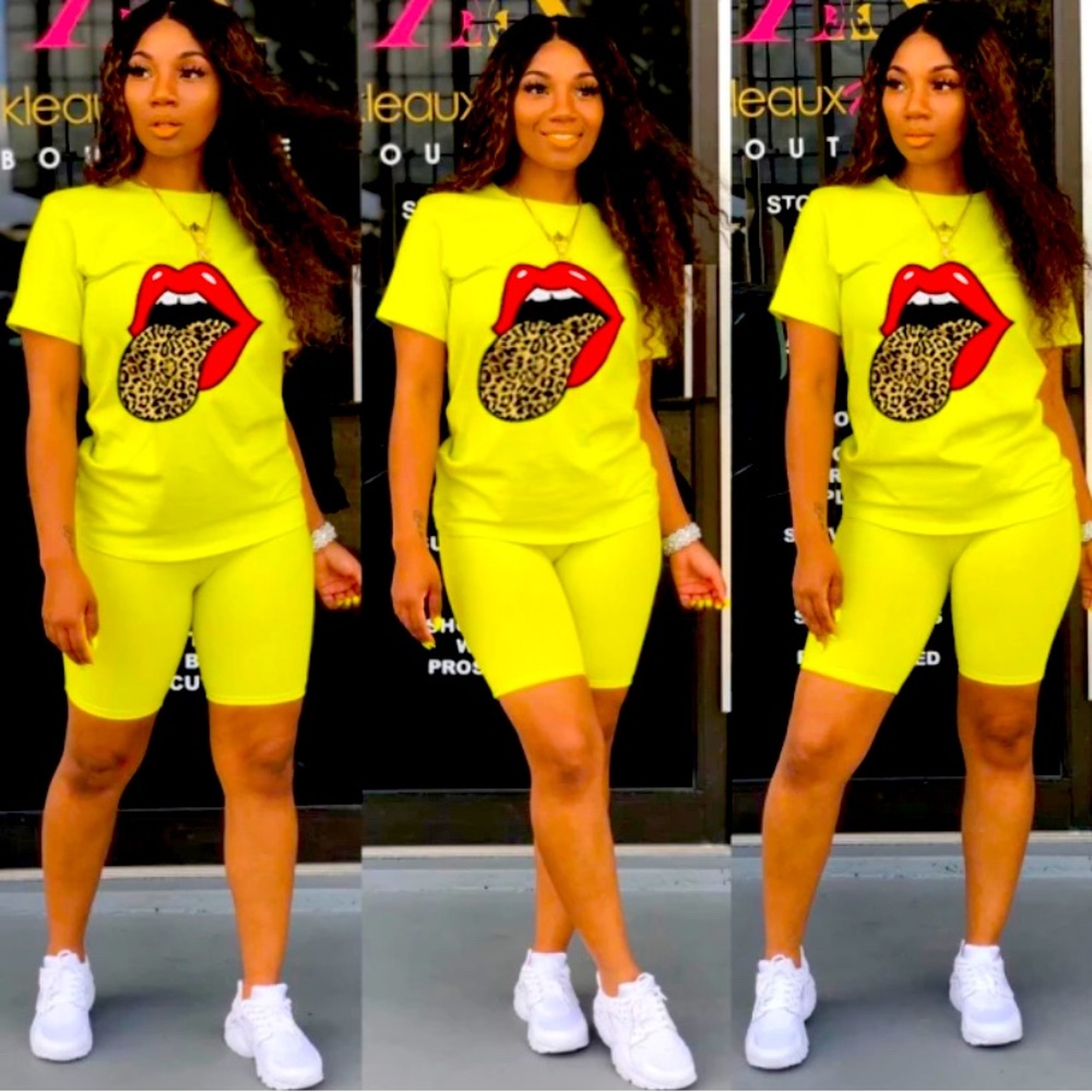 💛SEXY NEON BIKER SHORT & TEE SET